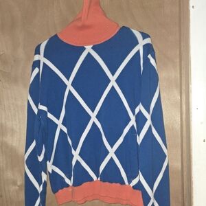 Vibrant Blue and Orange Argyle Turtleneck Sweater
